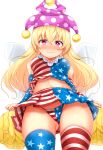  1girl :3 adapted_costume american_flag_legwear american_flag_panties american_flag_shirt american_flag_skirt ass_visible_through_thighs bangs bare_shoulders blonde_hair blue_legwear blue_panties blue_shirt blue_skirt blush cheerleader clownpiece commentary_request cowboy_shot crop_top detached_sleeves eyebrows_visible_through_hair fairy_wings from_below groin hair_between_eyes hat heart heart-shaped_pupils highres holding holding_pom_poms jester_cap long_hair long_sleeves looking_at_viewer midriff miniskirt mismatched_legwear navel neck_ruff nose_blush panties pantyshot pantyshot_(standing) pleated_skirt polka_dot polka_dot_hat pom_poms purple_eyes purple_headwear red_legwear red_panties red_shirt red_skirt shirt simple_background skirt skirt_set sleeveless sleeveless_shirt smile solo standing star star_print stomach striped striped_legwear striped_panties striped_shirt striped_skirt sweat symbol-shaped_pupils thighs tokoya_(ex-hetare) touhou underwear white_background white_legwear white_panties white_shirt white_skirt wings 