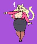  &lt;3 absurd_res animal_humanoid bani big_breasts blonde_hair bonznsfw breasts cardigan cat_humanoid cleavage clothed clothing felid felid_humanoid feline feline_humanoid female hair hi_res huge_breasts humanoid jewelry long_hair mammal mammal_humanoid necklace overweight pencil_skirt pink_eyes purple_background simple_background smile teacher 