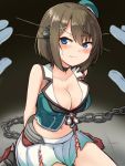  1girl bangs beret blue_eyes blush bound bound_wrists breasts brown_hair chain cleavage clenched_teeth engiyoshi eyebrows_visible_through_hair gloves hair_ornament hairclip hat headgear highres indoors kantai_collection maya_(kantai_collection) midriff mini_hat navel out_of_frame pleated_skirt pov pov_hands remodel_(kantai_collection) short_hair sitting skirt sleeveless sweat sweatdrop teeth white_gloves x_hair_ornament 
