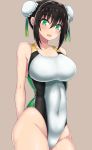 1girl absurdres black_hair blush breasts covered_navel cowboy_shot double_bun fate/grand_order fate_(series) green_eyes highleg highleg_swimsuit highres large_breasts one-piece_swimsuit qin_liangyu_(fate) swimsuit takanotsume 