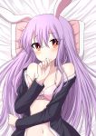  1girl animal_ears bangs bare_shoulders bed_sheet black_jacket blush bra breasts bunny_ears commentary_request covering_mouth hand_up highres jacket long_hair long_sleeves looking_at_viewer lying medium_breasts navel off_shoulder on_back open_clothes open_jacket parted_lips pillow pink_bra purple_hair red_eyes reisen_udongein_inaba shirt solo stomach touhou tsukimirin underwear upper_body white_shirt 