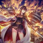  1girl aiguillette anbe_yoshirou azur_lane backlighting bangs beads belt black_hair black_jacket black_skirt breasts brown_hair cannon cloud cloudy_sky epaulettes expressionless eyebrows_visible_through_hair floating_hair gloves hair_between_eyes highres holding holding_sword holding_weapon horns jacket long_hair long_sleeves medium_breasts mikasa_(azur_lane) military military_uniform rigging serious sidelocks signature skirt sky solo sunset sword uniform weapon white_gloves wind wind_lift 