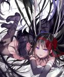  1girl akemi_homura akuma_homura argyle argyle_legwear bare_shoulders black_hair blush breasts cleavage elbow_gloves feathers gloves hair_ribbon highres hoshii_hisa long_hair looking_at_viewer mahou_shoujo_madoka_magica mahou_shoujo_madoka_magica_movie parted_lips purple_eyes red_ribbon ribbon small_breasts solo thighhighs thighs very_long_hair white_background wings 