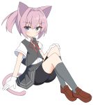  1girl animal_ears bangs black_shorts blue_eyes blush brown_footwear cat_ears cat_girl cat_tail collared_shirt commentary_request dress_shirt eyebrows_visible_through_hair full_body gloves grey_legwear grey_skirt grey_vest hair_between_eyes hair_intakes hand_on_own_knee highres ichi kantai_collection kemonomimi_mode kneehighs loafers neck_ribbon pink_hair ponytail red_ribbon ribbon school_uniform shiranui_(kantai_collection) shirt shoes short_shorts shorts sidelocks simple_background sitting skirt solo tail vest white_background white_gloves white_shirt 