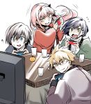  2boys 2girls ? blonde_hair blue_eyes blue_hair blush bob_cut brown_hair closed_mouth code_geass commentary confused cup darling_in_the_franxx drinking_glass eyeshadow food fruit glasses gorou_(darling_in_the_franxx) green_eyes grin hair_ornament hairband hairclip herozu_(xxhrd) highres hiro_(darling_in_the_franxx) horns ichigo_(darling_in_the_franxx) kotatsu long_hair makeup mandarin_orange motion_lines multiple_boys multiple_girls nintendo_switch oni_horns open_mouth pink_hair playing_games red_horns short_hair shouting smile smirk sparkle surprised sweatdrop table television video_game wavy_mouth white_hairband yellow_eyes zero_two_(darling_in_the_franxx) 