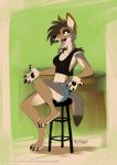  2019 anthro black_nose canid canine canis chair clothed clothing coyote detailed_background digital_media_(artwork) female fur green_eyes hair mammal multyashka-sweet open_mouth sitting tongue 