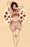  1girl arms_up black_hair crop_top feet_out_of_frame flower frills hand_on_own_face hand_on_own_head highres jasmin_darnell long_hair looking_at_viewer midriff navel original red_flower red_rose rose shorts simple_background solo yellow_background 