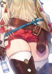  1girl atelier_(series) atelier_ryza belt belt_buckle blue_belt bottle brown_belt brown_gloves brown_shirt buckle commentary_request gloves head_out_of_frame heart holding holding_bottle honami_(yths4221) long_sleeves puffy_long_sleeves puffy_sleeves red_shorts reisalin_stout round-bottom_flask shirt short_shorts shorts simple_background skindentation solo thighhighs thighs vial white_background white_legwear 