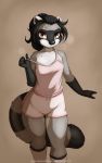  5_fingers anthro black_hair brown_eyes clothed clothing conditional_dnp digital_media_(artwork) female fur grey_fur hair hi_res jay_naylor mammal off_shoulder procyonid raccoon simple_background solo standing 