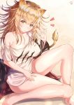  1girl animal_ears arknights bangs bare_legs bare_shoulders barefoot blonde_hair blush breasts brown_eyes candy cleavage closed_mouth collarbone commentary_request eyebrows_visible_through_hair food gradient gradient_background highres holding jacket jiaxi_daze large_breasts lion_ears lion_tail lollipop long_hair looking_at_viewer off_shoulder shiny shiny_hair shiny_skin shirt short_sleeves siege_(arknights) signature t-shirt tail thighs toes 