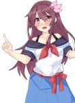  1girl absurdres alternate_costume blue_skirt blush brown_hair commentary_request dokuganryuu hair_ornament highres index_finger_raised kantai_collection kisaragi_(kantai_collection) long_hair looking_at_viewer off_shoulder open_mouth purple_eyes shirt simple_background skirt smile solo white_background white_shirt 