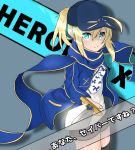  1girl ahoge artoria_pendragon_(all) atsumisu bangs baseball_cap black_shorts blonde_hair blue_eyes blue_headwear blue_jacket blue_scarf breasts character_name closed_mouth commentary_request eyebrows_visible_through_hair fingernails grey_legwear gym_shirt hair_between_eyes hair_through_headwear hat highres himitsucalibur holding holding_sword holding_weapon jacket long_sleeves mysterious_heroine_x name_tag open_clothes open_jacket ponytail rojiura_satsuki:_chapter_heroine_sanctuary scarf shirt short_shorts shorts sidelocks small_breasts smile solo sword thighhighs track_jacket translation_request weapon white_shirt 
