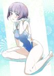  1girl bangs blue_swimsuit blunt_bangs blush blush_stickers breasts covered_navel eromanga_sensei eyebrows_visible_through_hair goggles goggles_around_neck highres large_breasts looking_at_viewer one-piece_swimsuit pink_x purple_eyes purple_hair senju_muramasa short_hair sitting solo swimsuit towel towel_around_neck wet yokozuwari 