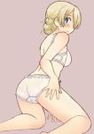  1girl bangs blonde_hair blue_eyes blush bra braid closed_mouth crotch_seam darjeeling girls_und_panzer grey_background hand_on_own_ass kneeling lace lace-trimmed_bra lace-trimmed_panties leaning_forward legs looking_at_viewer looking_back lowres panties short_hair simple_background smile solo tied_hair underwear underwear_only uona_telepin white_bra white_panties 