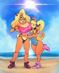  2019 anthro bandicoot bare_legs bare_shoulders beach big_breasts black_clothing black_footwear black_nose black_shoes black_underwear blonde_hair blue_clothing blue_eyes blue_flower blue_swimwear breasts cleavage clock clothed clothing coco_bandicoot crash_bandicoot_(series) curled_hair detailed_background digital_drawing_(artwork) digital_media_(artwork) duo eyebrows eyelashes female flower flower_in_hair footwear fur green_eyes hair hands_on_waist head_on_breast hi_res huge_breasts long_hair looking_down looking_up mammal marsupial midriff multicolored_fur naughty_dog navel nitro one-piece_swimsuit one_eye_closed one_leg_up open_mouth orange_fur outside pink_clothing pink_footwear pink_shirt pink_shoes pink_topwear plant ponytail raised_leg sand sea seaside shirt shoes shore size_difference sky small_waist smile sony_corporation sony_interactive_entertainment squish standing sun surprise swimwear tawna_bandicoot thick_thighs topwear two_tone_fur underwear video_games watch water wavy_hair wide_hips wristwatch 