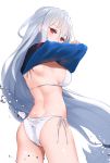  1girl arknights ass bangs bikini blue_shirt breasts commentary_request covered_mouth eyebrows_visible_through_hair from_behind hair_between_eyes head_tilt highres jilu long_hair looking_at_viewer looking_back low-tied_long_hair medium_breasts red_eyes shirt side-tie_bikini silver_hair simple_background solo swimsuit undressing very_long_hair water_drop white_background white_bikini 
