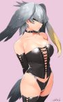  1girl arm_cuffs arms_behind_back bangs bird_tail black_gloves black_legwear breasts choker cleavage closed_mouth collarbone commentary_request corset cowboy_shot dated eyebrows_visible_through_hair eyes_visible_through_hair frown gloves green_eyes grey_hair happa_(cloverppd) head_wings kemono_friends large_breasts navel pink_background sanpaku shoebill_(kemono_friends) signature simple_background single_sidelock solo tail thong tsurime underwear underwear_only 