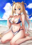  1girl arm_support bangs bare_shoulders beach bikini bikini_tug blonde_hair blue_eyes blue_sky blush bradamante_(fate/grand_order) braid breasts choker cleavage closed_mouth cloud collarbone day fate/grand_order fate_(series) french_braid hair_between_eyes harimoji large_breasts long_hair looking_at_viewer multicolored multicolored_bikini multicolored_clothes ocean outdoors sand sidelocks sitting sky smile solo swimsuit thighs twintails very_long_hair wariza 
