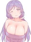  1girl ;) bare_shoulders breasts cleavage collarbone deyuuku eyebrows_visible_through_hair green_eyes large_breasts long_hair looking_at_viewer love_live! love_live!_school_idol_project low_twintails one_eye_closed purple_hair simple_background sketch smile solo toujou_nozomi twintails upper_body white_background 