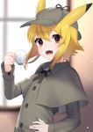  1boy blonde_hair blush brown_eyes capelet coat cup deerstalker detective_pikachu detective_pikachu_(game) detective_pikachu_(series) eyebrows_visible_through_hair fang hair_between_eyes hat highres looking_at_viewer mizuki_eiru_(akagi_kurage) open_mouth otoko_no_ko personification pikachu pokemon pokemon_ears smile solo teacup 