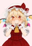  1girl ascot bangs blonde_hair blush bow breath commentary_request cowboy_shot crystal eyebrows_visible_through_hair flandre_scarlet gotoh510 hair_between_eyes hands_on_own_cheeks hands_on_own_face hat hat_bow highres long_hair looking_at_viewer mob_cap one_side_up peeking_through_fingers pink_background puffy_short_sleeves puffy_sleeves red_bow red_eyes red_skirt red_vest shirt short_sleeves simple_background skirt skirt_set solo touhou vest white_headwear white_shirt wings wrist_cuffs yellow_neckwear 
