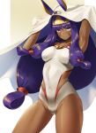  1girl absurdres animal_ears armpits closed_mouth covered_navel dark_skin earrings facepaint facial_mark fate/grand_order fate_(series) highres hoop_earrings jackal_ears jewelry long_hair looking_at_viewer low-tied_long_hair necklace nitocris_(fate/grand_order) nitocris_(swimsuit_assassin)_(fate) one-piece_swimsuit purple_eyes purple_hair smile solo star741 swimsuit white_swimsuit 
