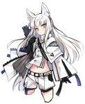  1girl animal_ear_fluff animal_ears arknights black_gloves blush character_request closed_mouth comma cowboy_shot cropped_legs gloves hayakawa_harui jacket long_hair long_sleeves looking_at_viewer short_shorts shorts simple_background sleeves_past_wrists solo very_long_hair white_background white_hair white_jacket white_shorts wide_sleeves yellow_eyes 