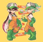  +_+ aori_(splatoon) arm_behind_back baseball_cap black_hair boots closed_mouth commentary cousins domino_mask earrings engrish_commentary from_side gloves golden_egg gradient_hair green_footwear green_gloves green_hair green_headwear hand_on_hip hat hotaru_(splatoon) jewelry long_hair long_sleeves looking_at_viewer mask mole mole_under_eye multicolored_hair orange_overalls overalls pointy_ears print_hat purple_hair rubber_boots rubber_gloves salmon_run scoreboard shirt short_hair smile splatoon_(series) splatoon_2 standing tentacle_hair very_long_hair white_shirt wong_ying_chee yellow_background 