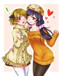  ! arm_around_waist blush breasts brown_hair cheek-to-cheek closed_mouth fur_hat hat heart koizumi_hanayo long_hair love_live! love_live!_school_idol_project low_twintails medium_breasts multiple_girls off_shoulder one_eye_closed open_mouth pantyhose purple_eyes purple_hair sha short_hair simple_background smile sweater thighhighs toujou_nozomi twintails yuri 