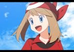  1girl bandana blue_eyes brown_hair cloud collarbone haruka_(pokemon) highres letterboxed looking_to_the_side open_mouth pokemon pokemon_(game) pokemon_oras portrait short_hair sky smile solo yuihiko 