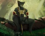  2019 anthro balls black_fur digital_media_(artwork) erection felid fur humanoid_penis krimble lord_windgrace magic_the_gathering male mammal muscular muscular_male outside pantherine penis solo 