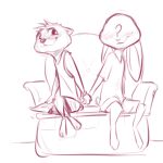  2018 ambiguous_gender anthro barefoot blush bottomwear chair clothed clothing duo hand_holding head_tuft ittybittykittytittys lagomorph leporid lutrine mammal monochrome mustelid oliver_(fuel) rabbit red_and_white shirt shorts simple_background sitting smile tank_top topwear white_background 