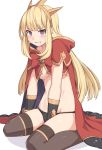  1girl bangs between_legs black_legwear blush bow breasts cagliostro_(granblue_fantasy) cape collarbone commentary_request eyebrows_visible_through_hair granblue_fantasy hand_between_legs headgear kneeling long_hair looking_at_viewer medium_breasts no_bra panties purple_eyes red_bow red_cape shiseki_hirame simple_background solo teeth thighhighs underboob underwear white_background 