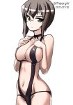  1girl aegis_(nerocc) bangs black-framed_eyewear black_choker black_eyes black_hair black_swimsuit breasts choker cleavage closed_mouth commentary cowboy_shot dated frown girls_und_panzer groin hands_on_own_chest kawashima_momo light_frown looking_at_viewer medium_breasts monocle navel ribbon_choker semi-rimless_eyewear short_hair simple_background slingshot_swimsuit solo standing swimsuit twitter_username under-rim_eyewear white_background 