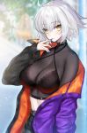  1girl ahoge black_bra blush bra breasts cleavage ero_waifu eyebrows_visible_through_hair eyes_visible_through_hair fate/grand_order fate_(series) finger_to_mouth highres jacket jeanne_d&#039;arc_(alter)_(fate) jeanne_d&#039;arc_(fate)_(all) large_breasts looking_at_viewer midriff off_shoulder open_clothes open_jacket parted_lips see-through short_hair silver_hair solo underwear yellow_eyes 