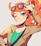  1girl aqua_eyes between_breasts breasts brown_coat coat english_commentary eyewear_on_head green_shirt gurepyon heart long_hair long_sleeves nail_polish orange_hair pokemon pokemon_(game) pokemon_swsh ribbed_shirt shirt side_ponytail smile sonia_(pokemon) strap_between_breasts sunglasses trench_coat 