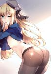  1girl ass bent_over beret blonde_hair blue_eyes breasts fate/grand_order fate_(series) gloves hat highres jacket long_hair lord_el-melloi_ii_case_files one_eye_closed open_clothes open_jacket panties panties_under_pantyhose pantyhose reines_el-melloi_archisorte small_breasts tongue tongue_out touwa_nikuman twisted_torso underwear 