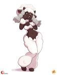  2019 anthro anthrofied biped black_skin blush blush_stickers bovid caprine dark_skin female front_view furboz hair horn looking_at_viewer mammal midriff navel nintendo open_mouth pink_nose pok&eacute;mon pok&eacute;mon_(species) pok&eacute;morph pseudo_clothing pseudo_hair simple_background solo standing video_games white_hair white_wool wide_hips wool wooloo 