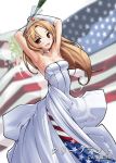  1girl aegis_(nerocc) american_flag arched_back armpits arms_up azur_lane bangs blonde_hair blurry blurry_background bouquet breasts character_name cleavage cleveland_(azur_lane) commentary_request depth_of_field dress eyebrows_visible_through_hair flower gloves highres holding holding_bouquet long_dress long_hair looking_at_viewer medium_breasts open_mouth parted_bangs red_eyes smile solo standing strapless strapless_dress tiara white_dress white_gloves 