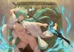  1girl aqua_hair areolae bell bigrbear bow breasts dragon_girl dragon_horns fate/grand_order fate_(series) hair_bow highres holding_polearm horns japanese_clothes kimono kiyohime_(fate/grand_order) kiyohime_(swimsuit_lancer)_(fate) long_hair medium_breasts naginata navel nipples nude open_clothes open_kimono polearm solo thighhighs weapon white_kimono white_legwear wide_sleeves yellow_bow yellow_eyes 
