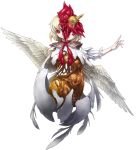  1girl bird blonde_hair chick chicken commentary_request cracked_egg egg feathered_wings feathers fetus full_body mazeran mechanical_pencil niwatari_kutaka pencil red_eyes short_hair smile solo touhou white_background wily_beast_and_weakest_creature wings yolk 