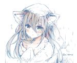  1girl animal_ears blush breasts brown_hair commentary_request dirty dirty_face expressionless flying_sweatdrops hair_between_eyes long_hair mitoko_(kuma) naked_towel original parted_lips sketch solo towel twitter_username upper_body wolf_ears yellow_eyes 