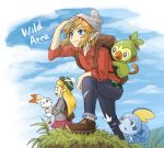  1boy 1girl backpack bag blonde_hair blue_eyes bunny cardigan cosplay dress earrings female_protagonist_(pokemon_swsh) field gen_8_pokemon gown green_eyes green_headwear green_legwear grey_cardigan grookey hat holding holding_poke_ball hood hooded_sweater jewelry link long_sleeves male_protagonist_(pokemon_swsh) pink_dress pointy_ears poke_ball poke_ball_(generic) pokemon pokemon_(creature) pokemon_(game) pokemon_swsh princess_zelda sayoyonsayoyo scorbunny sobble sweater tam_o&#039;_shanter the_legend_of_zelda the_legend_of_zelda:_breath_of_the_wild 