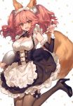  1girl :d alternate_costume animal_ears black_bow black_footwear bow breasts chocoan cleavage detached_sleeves enmaided fang fate/extella fate/extra fate_(series) fox_ears fox_shadow_puppet fox_tail frilled_sleeves frills garters high_heels highres large_breasts maid maid_headdress open_mouth orange_eyes pink_hair smile solo tail tamamo_(fate)_(all) tamamo_no_mae_(fate) thigh_bow thighhighs twintails white_background 