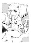  1girl arm_support bangs bed blush bow closed_mouth clothes_writing collarbone commentary_request cushion drawing_tablet eromanga_sensei eyebrows_visible_through_hair feet_out_of_frame greyscale hair_between_eyes hair_bow highres holding holding_hair indoors izumi_sagiri kento0131 long_hair looking_at_viewer monochrome off_shoulder shirt short_sleeves sidelocks solo translation_request very_long_hair wooden_floor 