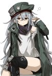  1girl bangs black_shorts blush brown_eyes closed_mouth eyebrows_visible_through_hair g11_(girls_frontline) girls_frontline green_jacket hat jacket knee_pads long_hair long_sleeves looking_at_viewer messy_hair murakami_meishi off_shoulder open_clothes open_jacket scarf scarf_on_head shirt shorts simple_background sleepy solo white_background 