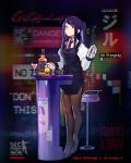  1girl bangs bartender black_footwear black_legwear blush breasts character_name cocktail cocktail_glass collared_shirt crossed_legs cup drinking_glass expressionless full_body girls_frontline high_heels highres holding holding_shaker holding_spoon jack_daniel&#039;s julianne_stingray logo long_hair long_sleeves looking_at_viewer medium_breasts necktie official_art pantyhose parted_bangs pencil_skirt puffy_sleeves purple_hair purple_skirt purple_vest red_eyes red_neckwear shirt sidelocks skirt solo spoon stool swept_bangs table twintails va-11_hall-a vest watson_cross xiao_chichi 
