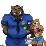  armpit_hair beard bottomwear clothing facial_hair jankowski lutrine male male/male mammal musclegut muscular mustelid nanoff police pride_(disambiguation) shorts simple_background size_difference suid suina sus_(pig) tusks uniform wild_boar 