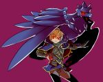  1boy armor baka_mandy bird black_sclera blonde_hair cape claws corviknight crow european_clothes fire_emblem fire_emblem_if full_body gloves hairband leon_(fire_emblem_if) looking_at_viewer male_focus pokemon pokemon_(creature) pokemon_(game) pokemon_swsh red_eyes sharp_claws short_hair simple_background solo standing 