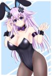  1girl adult_neptune alternate_costume animal_ears bare_shoulders black_leotard blush bow bowtie breasts bunny_ears bunny_tail bunnysuit cleavage commentary_request d-pad d-pad_hair_ornament detached_collar hair_between_eyes hair_ornament hands_up highres leotard long_hair looking_at_viewer medium_breasts neptune_(series) pantyhose purple_eyes purple_hair purple_neckwear seshiro_(which501) shin_jigen_game_neptune_vii smile solo tail very_long_hair wrist_cuffs 